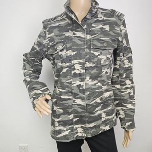 Kensie Jeans Jacket Utility Green Camo Zip/Snap Front Sz L Urban Army Activewear
